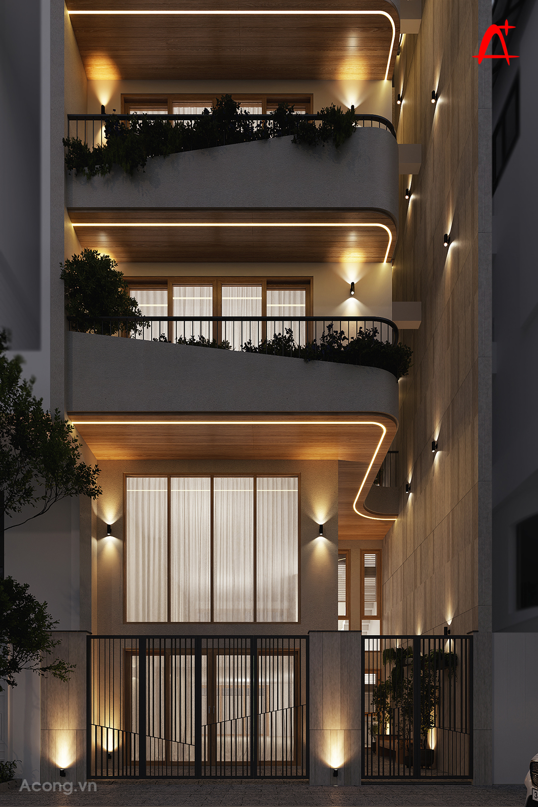 Hệ đèn LED gián tiếp tại trần và ban công làm nổi bật đường cong kiến trúc, giúp công trình nổi bật vào ban đêm.